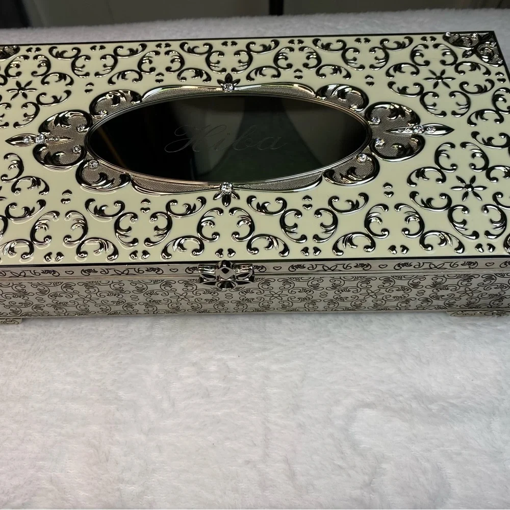 Ornate Cream and Silver Jewelry Box-“Hiba” Engraved-Velvet Interior|Plays Music